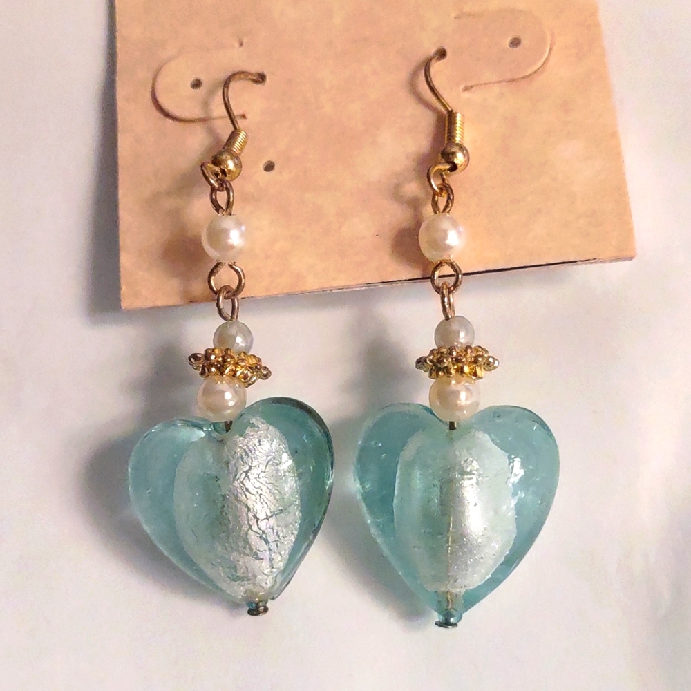 Aqua Glass Heart Dangle Earrings - Picture 6 of 7